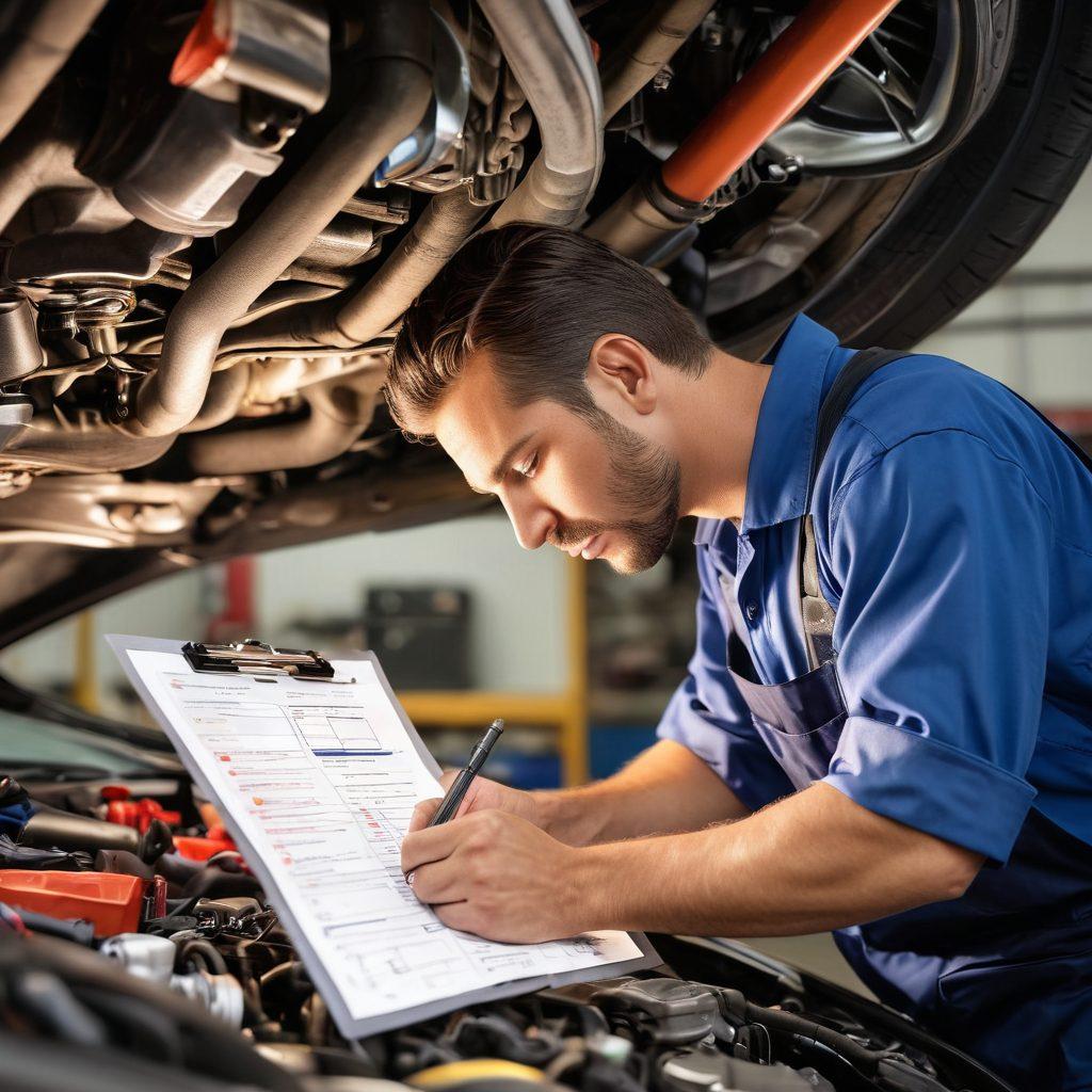 A close-up of a skilled mechanic working under the hood of a car, surrounded by tools and car parts. The mechanic is focused, with an expression of determination, while a glowing checklist of maintenance tips hovers in the air, highlighting key tasks like oil change and tire checks. A bright garage setting with posters on car maintenance in the background creates an engaging atmosphere. super-realistic. vibrant colors.
