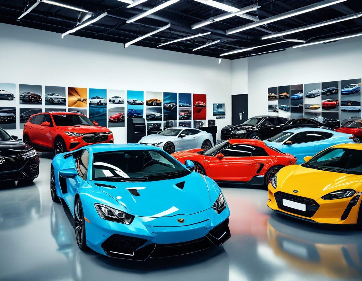 A dynamic collage showcasing a modern vehicle showroom with diverse car models, a friendly expert providing tips to a customer, and a maintenance workshop in the background with tools and parts. Include elements like checklists and car diagrams to emphasize guidance. Bright and inviting colors to inspire confidence. super-realistic. vibrant colors. clean background.