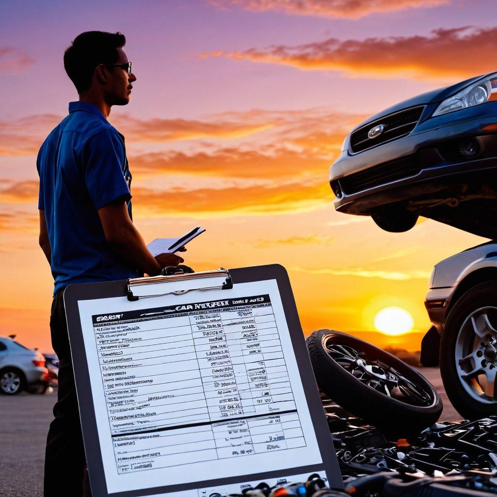 An organized checklist vividly illustrated on a clipboard, surrounded by various car parts like an engine, tires, and licenses. Include a silhouetted figure of a car enthusiast inspecting a vehicle in the background against a vibrant sunset. Show elements like a calculator and price tags to convey budgeting. super-realistic. vibrant colors. high detail.